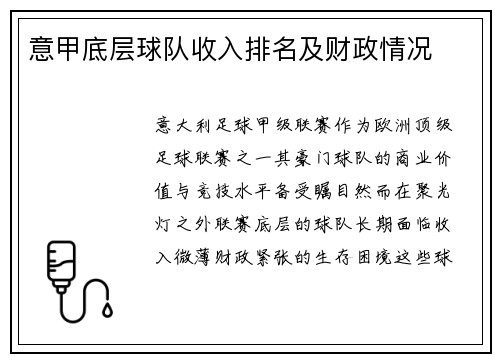 意甲底层球队收入排名及财政情况