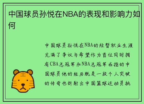 中国球员孙悦在NBA的表现和影响力如何